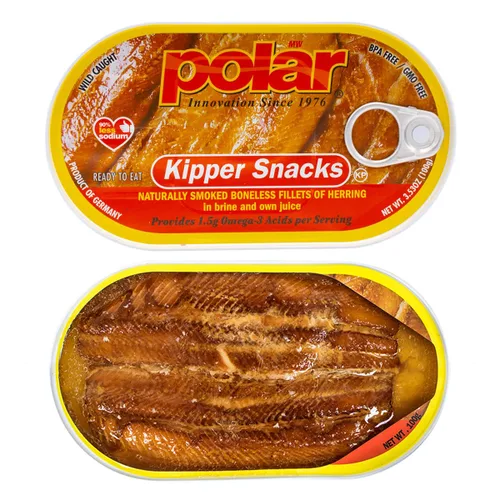 Vista 2 de Polar Kipper Snacks - Filetes de arenque ahumados y deshuesados (paquete de 4) latas de 3.53 onzas