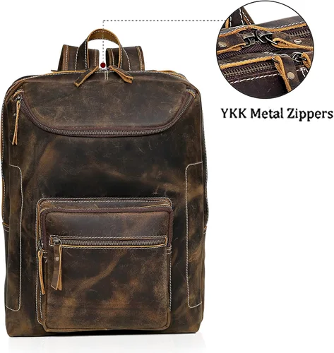 Vista 5 de Mochila de cuero vintage para hombre, bolsa para laptop de 16 pulgadas, gran capacidad, viajes de negocios, senderismo, mochila de hombro, mochila