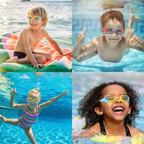 Vista 4 de Hually Gafas de natación para niños, gafas de natación sin fugas para niños, fáciles de ajustar, gafas de natación antivaho anti-UV para niños