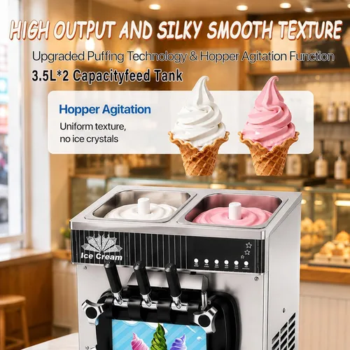 Vista 4 de Commercial Soft Ice Cream Machine, 3 Flavors Electric Soft Ice Cream Maker, Stainless Steel, 1300W LED Display, Desktop Type,15-21L/H, for Bars Gray
