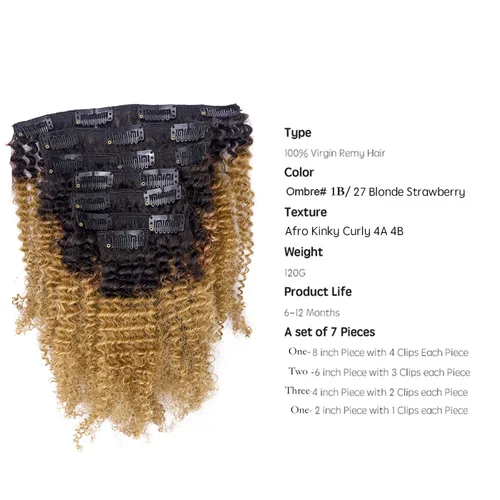 Vista 2 de Loxxy Afro rizado extensiones de clip grueso 100 % virgen Remy cabello humano 4B 4C negro natural 7 piezas con 17 clips 4.23 onzas/120 g por juego