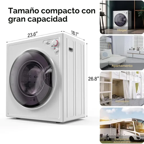 Vista 5 de ROVSUN Secadora de ropa portátil de 9 libras, 110 V 1400 W, eléctrica compacta, de carga frontal, con bañera de acero inoxidable y perilla de fácil