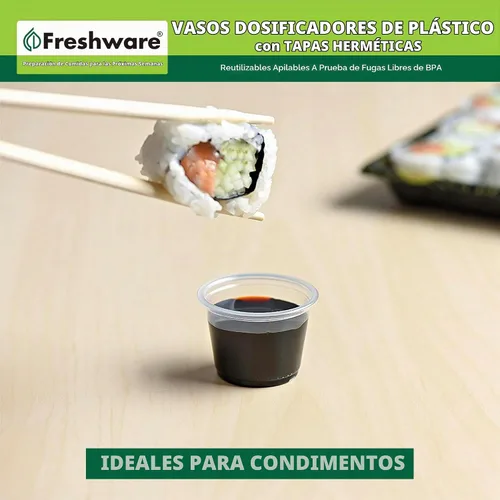 Vista 4 de Freshware Vasos de Plástico para Porciones con Tapas [1 Onza, 100 Juegos] Vasos de Plástico Desechables para Preparación de Comidas, Aderezo