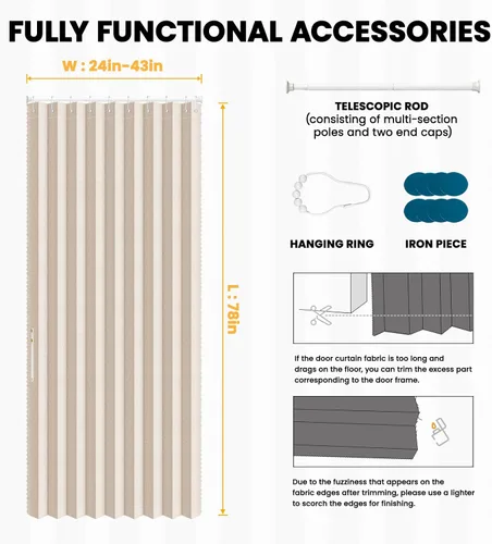 Vista 4 de AJAZZ Conjunto: Barras para cortinas sin perforación (28-39" de ancho) y cortina acordeón para puerta, beige 43" de ancho × 78" de largo, puertas