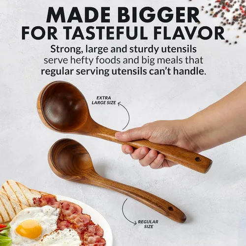 Vista 3 de Zulay Kitchen Juego de 5 cucharas de madera extragrandes - Utensilios de cocina de teca lisa - Cucharón, espátula, espumadera, tenedor, cuchara