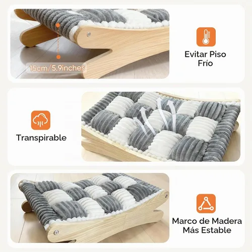 Vista 6 de Cama elevada de felpa para gatos, acogedora hamaca elevada para gatos con marco de madera maciza, cojín suave y peludo para gatos