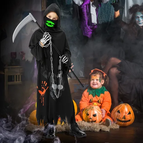 Vista 8 de Grim Reaper Costume for Kids, Halloween Costumes for Boys and Girls, with Scythe, Chain, Gloves and Luminous Masks