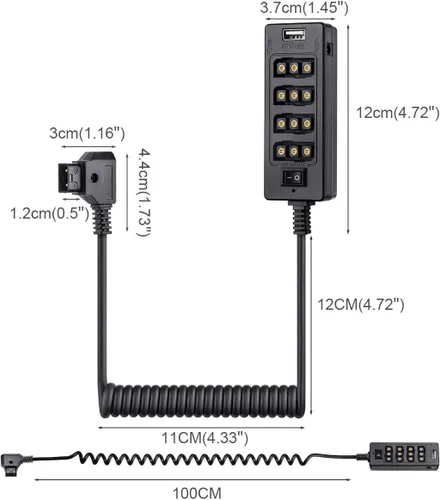 Vista 2 de Alvin's Cables Cable divisor D-tap con interruptor de alimentación macho DTap a 4 hembra D Tap 2 DC USB para batería de montaje en V para cámara