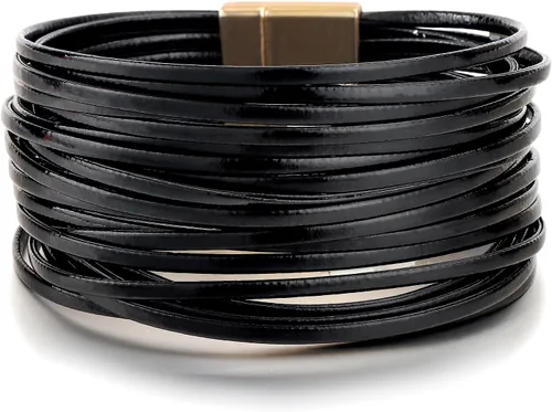 Vista 23 de Edoneery - Pulsera envolvente de cuero para mujer, brazalete de puño de múltiples capas hecho a mano estilo bohemio con cuentas de cristal