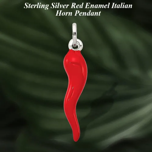 Vista 6 de Diamond2Deal Colgante de cuerno italiano de plata de ley 925 con esmalte rojo, joyería fina para mujer (L- 1.299 in W- 0.276 in), Plata esterlina