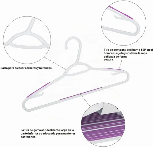 Vista 4 de Paquete de 30 perchas de plástico flexibles, ligeras, antideslizantes, para ropa, trajes, color morado