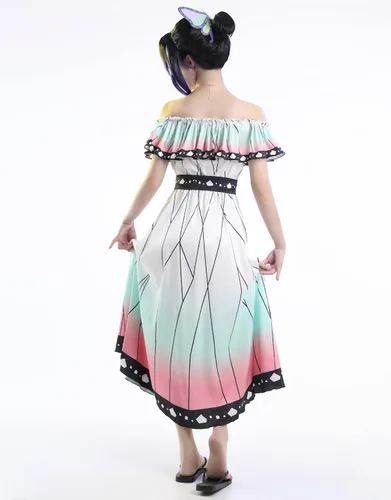 Vista 3 de Haikyuu Vestido de cosplay de anime para mujer, vestido de playa con volantes de mariposa y hombros descubiertos, lazo largo, acampanado, casual