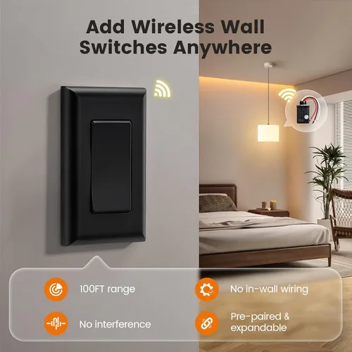 Vista 2 de Kit de interruptor de luz inalámbrico y receptor, negro, control remoto de 15 A No Wiring Required, No Interference, 100 ft Range, Expandable Wall
