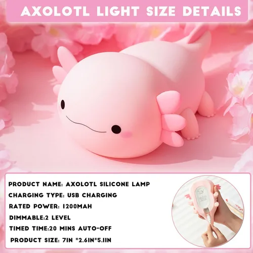 Vista 5 de HAPPYBAG Luz Nocturna de Axolotl, Lámpara de Axolotl Bonita Regalos para Niños, Luz Nocturna de Guardería de Animal de Silicona Regulable, Lámpara