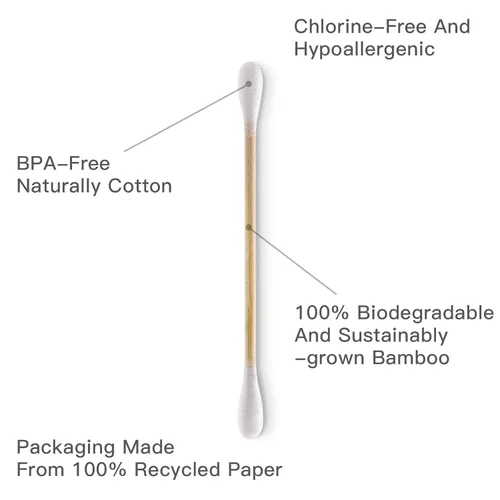Vista 8 de Hisopos de algodón de bambú – 500 unidades – Certificado FSC y aprobado por PETA, puntas dobles ecológicas, palillos para los oídos sin plástico