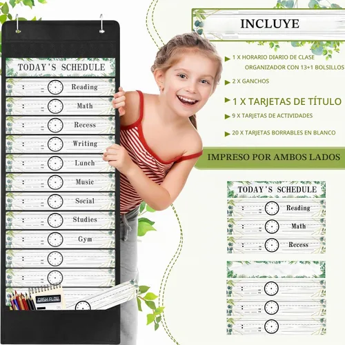 Vista 4 de Tatuo Tabla de bolsillo diario para el aula con tarjetas reutilizables y 14 bolsillos, suministros de aula de granja, tablas de horarios