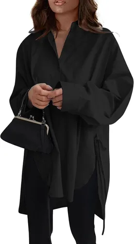 Vista 82 de Camisas de manga larga con botones para mujer, asimétricas, casuales, con cordones, túnica de gran