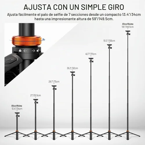 Vista 5 de NEEWER Basics Trípode selfie stick de 150 cm compatible con iPhone, cámara DLSR, Canon, Sony, pequeño soporte de mesa de metal portátil