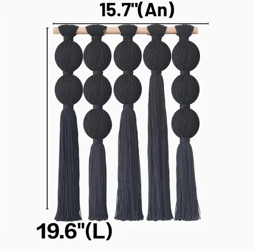 Vista 5 de Jakalin Macramé para colgar en la pared, arte de pared de fibra con borlas Negro