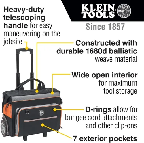 Vista 2 de Klein Tools 55452RTB Bolsa de herramientas, resistente al agua, organizador de almacenamiento de herramientas que rueda sobre ruedas resistentes