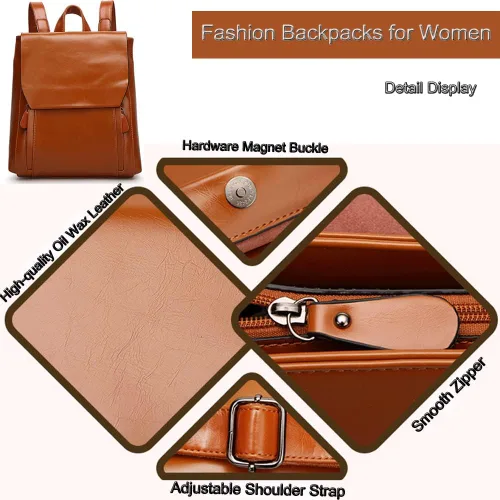 Vista 7 de Dayfine Mochilas vintage para mujer, mochila de cuero de cera de aceite, bolso de mano, bolso de hombro, bolsas casuales para universidad, Marrón