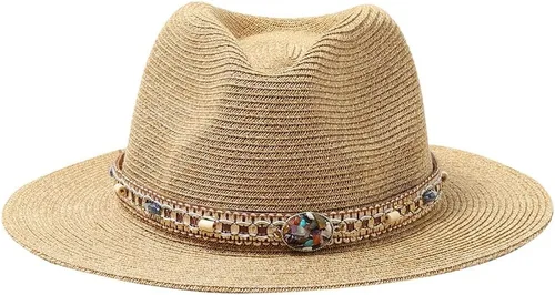 Vista 7 de Nollia Sombrero de vaquero de paja occidental para mujer, sombrero de sol de ala ancha con 3 bandas de cuentas intercambiables, ajuste ajustable