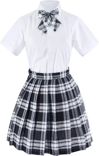 Vista 8 de Uniforme escolar japonés de tartán con falda plisada para cosplay con calcetines y set de montura de gafas