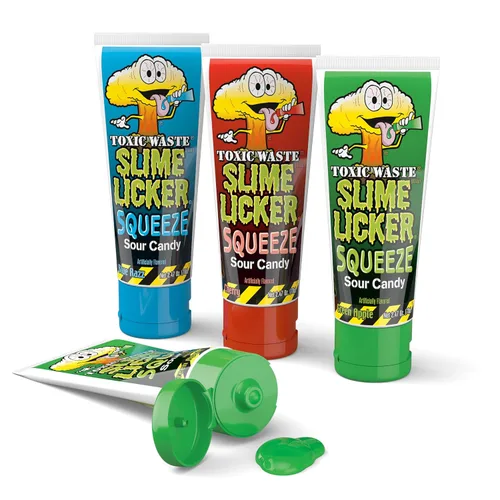 Vista 3 de Toxic Waste Slime Licker Squeeze Caramelos, Manzana Verde, Razz/Cereza, Paquete de 12 Squeezable sour candy gel in Green Apple, Blue Raspberry