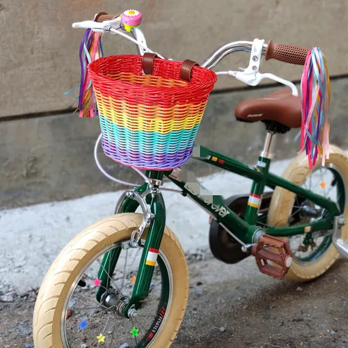 Vista 2 de Cesta de bicicleta para niños, cesta de mimbre, cesta de bicicleta para manillar para niñas con collar de unicornio, campana de bicicleta