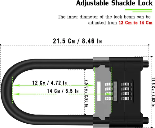 Vista 2 de V·RESOURCING® - Candado de combinación de 4 dígitos, antirrobo en forma de U, resistente, con grillete ajustable, para bicicletas, bicicletas