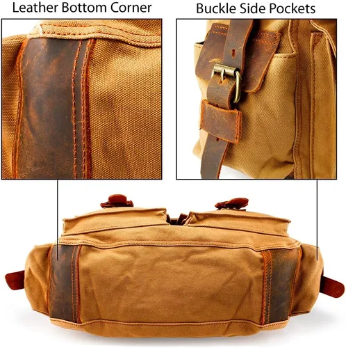 Vista 5 de Bolsa de mensajero para portátil vintage, de lona, de cuero, bandolera, bolso de hombro para computadora, viaje, oficina, bolso de mensajero
