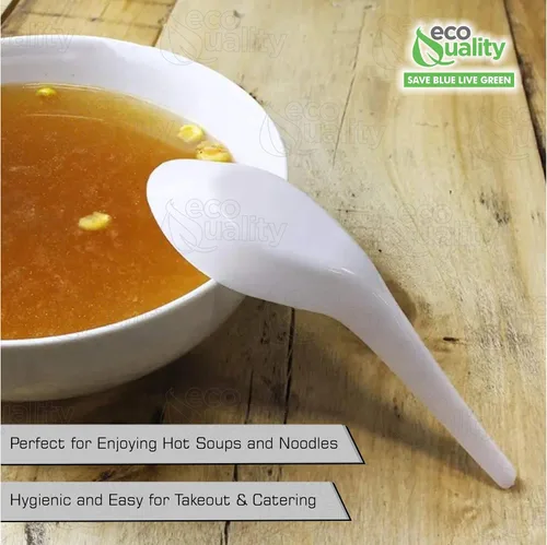 Vista 4 de [Paquete de 100] Cucharas de sopa asiáticas desechables para comedor, cucharas de sopa china de plástico blanco para ramen, pho, transparente