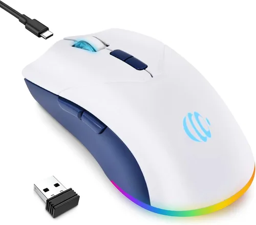 Vista 8 de Ratón inalámbrico, mouse recargable Bluetooth, modo dual BT 5.2 + 2.4G USB silencioso inalámbrico Bluetooth, diseño ergonómico RGB, mouse DPI