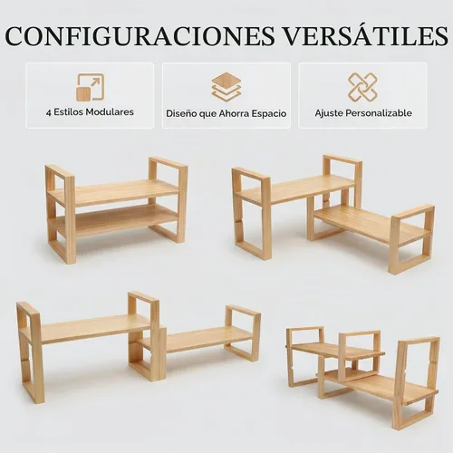 Vista 3 de Estantería de escritorio, 100% madera maciza, ajustable, no requiere herramientas ni clavos, estantería de mesa retro, capacidad de carga de 130