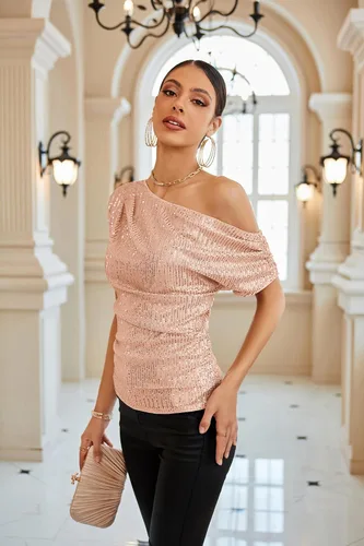 Vista 2 de GRACE KARIN Blusas brillantes de lentejuelas de un hombro para mujer, con purpurina asimétrica fruncida, adelgazante, camisas de fiesta brillantes