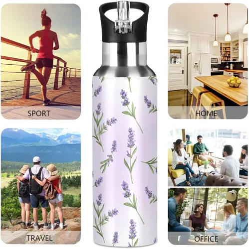 Vista 5 de Insulated Stainless Steel Water Bottle with Straw 32 Oz, BPA-Free Sport Water Bottle Insulated for Gym Outdoor Travel School, Lavender Flowers Green