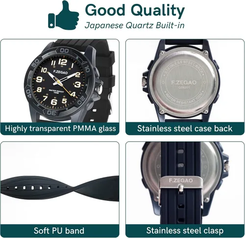 Vista 7 de F.ZEGAO 100M Waterproof Watch for Swimming, Easy Read Unisex Analog Watch, Second Hand Diver Analog Watch Men, 45mm Diameter