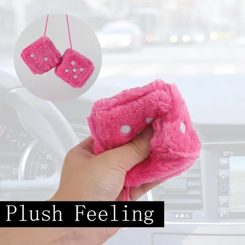 Vista 2 de Dados de felpa mullidos para espejo de automóvil, par retro de 3 pulgadas, dados peludos rosas con puntos para decoración colgante