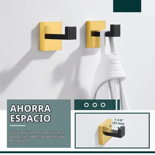 Vista 3 de Angle Simple Gancho para toallas, negro y dorado, paquete de 2, gancho para abrigos de acero inoxidable 304, gancho para bata de baño