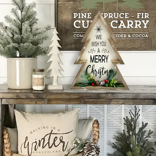 Vista 8 de Decoraciones navideñas para el hogar estilo granja, feliz árbol de Navidad con piñas, bloque decorativo de madera rústico para mesa, decoración