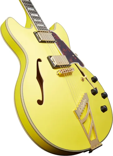 Vista 6 de D'Angelico Guitarra eléctrica semihueca de lujo DC con pieza de cola de escalera, color amarillo eléctrico mate