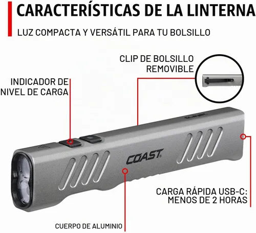 Vista 3 de Coast Slayer 1150 lúmenes linterna LED recargable por USB-C con modo Spot/Flood, modo memoria y clip de bolsillo, plateado