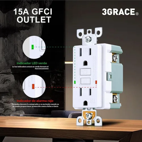 Vista 4 de 3GRACE - Salida GFCI de 15 amperios, receptáculo GFI resistente a manipulaciones con indicador LED, interruptor de circuito de fallo a tierra