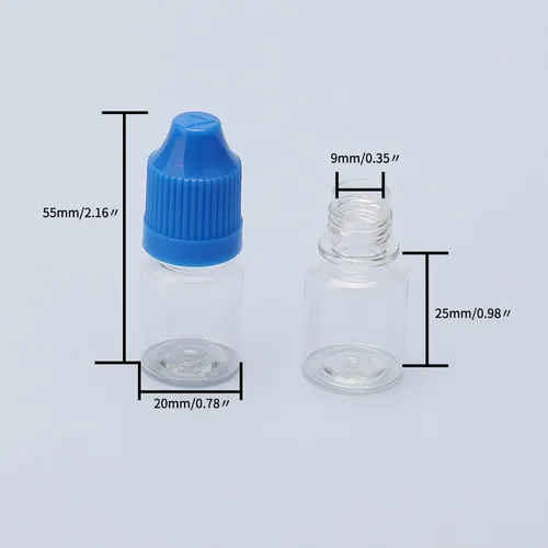Vista 2 de 10 botellas de gotero transparentes de plástico vacías de 0.2 fl oz E-jugo E-líquido a prueba de niños, tapa azul
