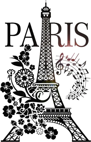 Vista 6 de Vinilo París Torre Eiffel Romántico Notas Musicales Flores Pegatinas Mural Decoración Grande (g4977) Negro
