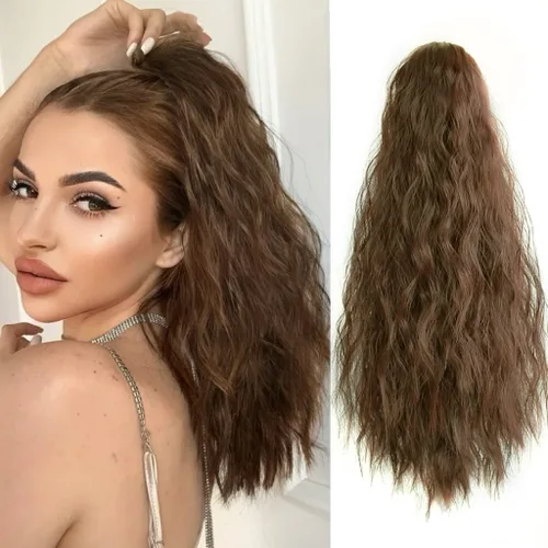 Vista 14 de Extensión de cola de caballo de garra negra natural ondulada de 16 pulgadas, extensiones de cabello sintético rizado con clip, extensiones