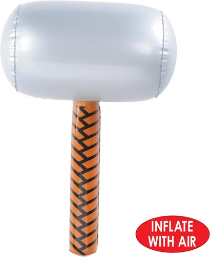 Vista 3 de Beistle Martillos inflables, paquete de 2, accesorios inflables novedosos con cabeza plateada y mango marrón, premios de carnaval de héroe