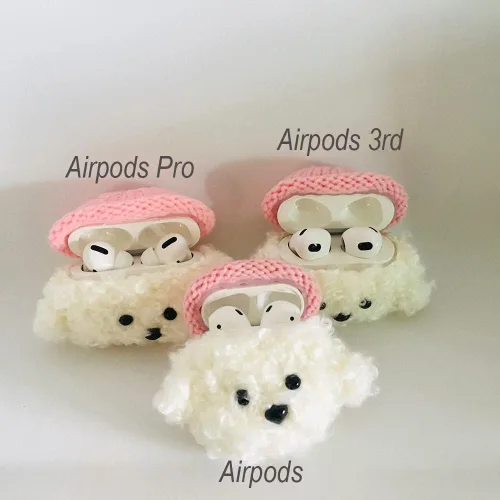 Vista 4 de Lindo estuche de felpa suave hecho a mano de piel blanca esponjosa para perros y perritos de peluche para Airpods2 Airpod de dibujos animados