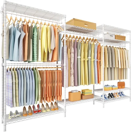 Vista 11 de Ulif E13 Perchero de Ropa de Servicio Pesado (Con 4 Barras Colgadoras y 8 Estantes) Percheros Independientes para Colgar Ropa, Organizador de Closet