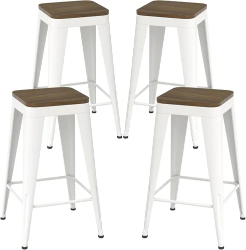 Vista 23 de Juego de 4 taburetes de bar de metal, taburetes de bar con respaldo alto con asiento de madera, taburetes de bar negros de 24 pulgadas para isla